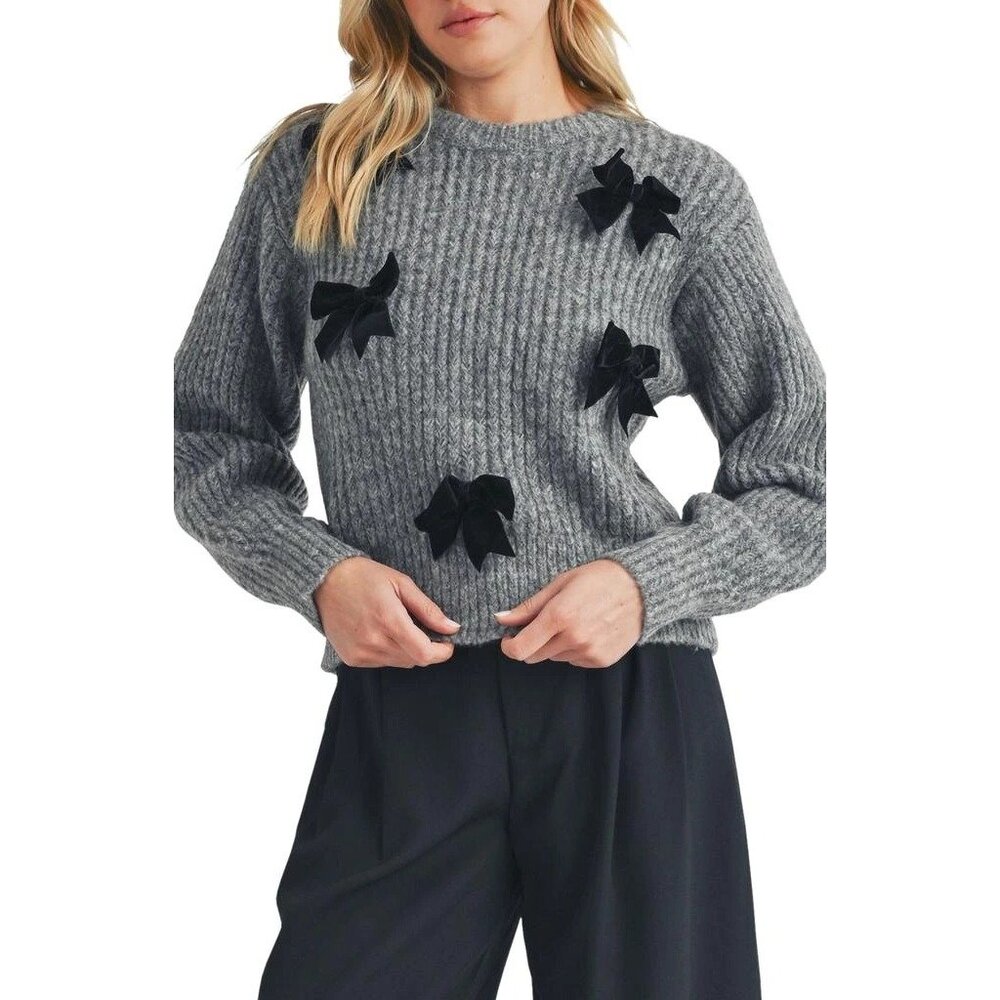LUSH BOW embellished grey sweater size M NWOT